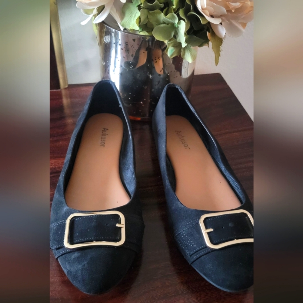 Aukusor Classic Black Gold Buckle Flats